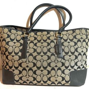 Coach Black and Tan Signature print canvas Tote Bag
